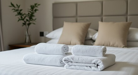 Naklejka premium White folded and rolled towels on a neatly made bed with pillows image
