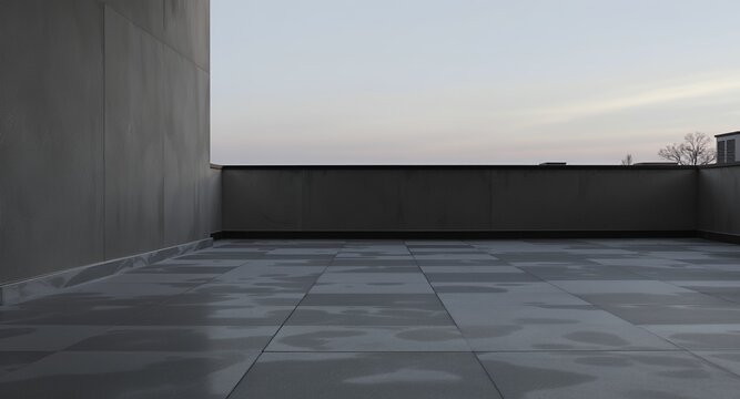 Modern building rooftop, grey tiles, minimalist architecture, urban view, contemporary design, exterior, empty terrace, building facade, city skyline, architectural detail, outdoor space, rooftop