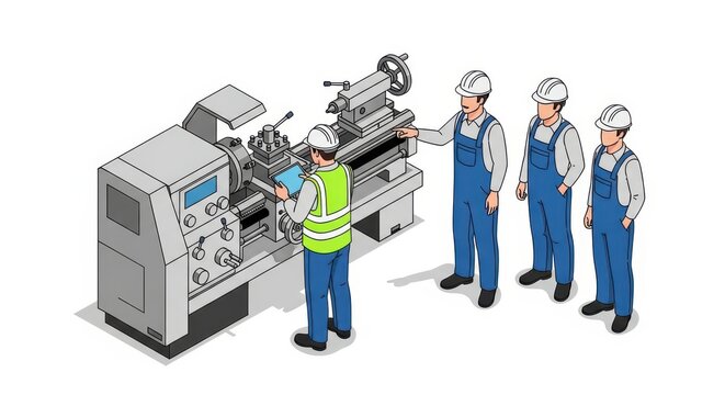 Industrial team inspecting lathe machine with technology driven operation