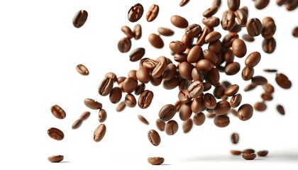 Coffee beans float, defying gravity against a pure white backdrop,  illustration,  beverage