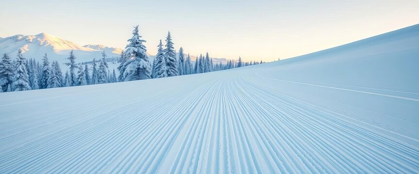 Crisp parallel ski tracks in pristine, undisturbed powder snow,  outdoor,  landscape