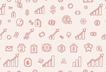 Seamless pattern of minimalist outline financial icons depicting growth, ideal for financial backgrounds,  seamless pattern,  minimal