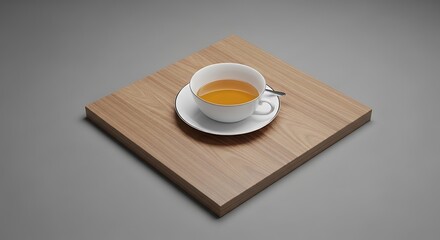 White Teacup with Tea on Wooden Square Tray in Minimalist Setting