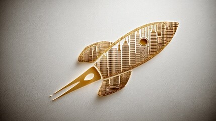 Intricate cityscape rocket, gold and white, representing business growth and innovation.