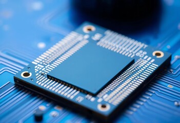 Close-up of a microchip on a vibrant blue background,  isolated,  pcb