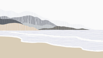 Minimalist abstract landscape featuring a serene scene of beach and ocean scene filled with lines of muted purple and grey tones