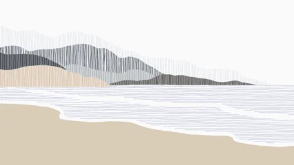 Fototapeten Beige Minimalist abstract landscape featuring a serene scene of beach and ocean scene filled with lines of muted purple and grey tones  © momosama