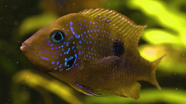 Close up of an orange cichlid fish floating around water plants underwater