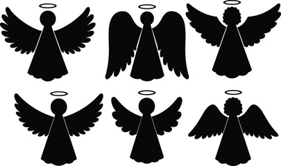 Angel silhouette vector set with halos and wings in various styles, perfect for Christmas, spiritual, and religious design themes.