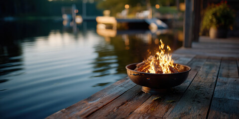 Obraz premium Firepit with glowing fire on wooden dock by calm lake at sunset creating warm cozy atmosphere