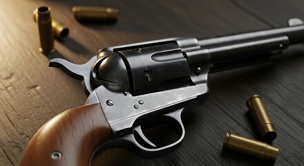 Obraz premium Antique Revolver Pistol with Ammunition on Wooden Surface.