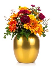 Autumnal flower arrangement in gold vase