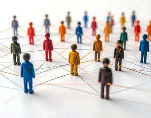 Colorful miniature figures connected by threads