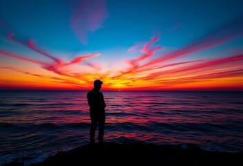 Fototapeta premium Solitary figure silhouetted against vibrant sunset over tranquil sea, ample copy space, copy space, inspiration