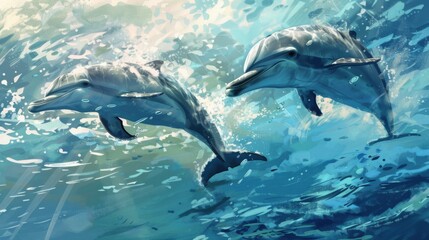 Fototapeta premium Underwater Marine Life: Vector Illustration of Dolphins, Sharks & Tropical Fish in the Deep Blue Ocean