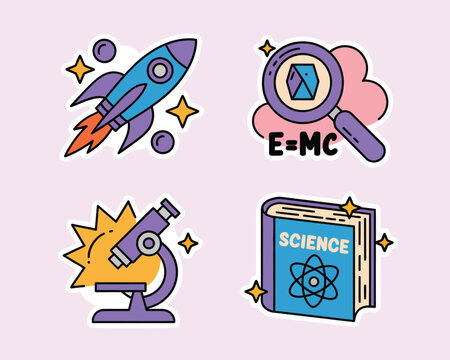 Cute science stickers featuring a rocket magnifying glass microscope and science book
