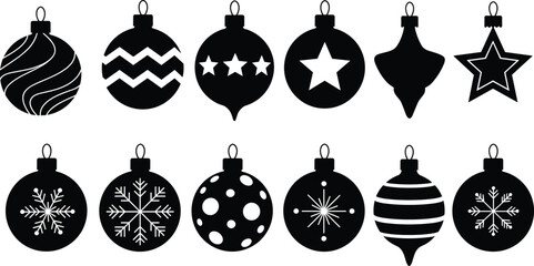 Black Christmas ornaments collection with stars, snowflakes, stripes, waves, and unique shapes, festive holiday decorations vector silhouette set.