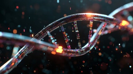 Macro close up of dna double helix strand glowing with digital particles futuristic biotechnology illustration symbolizing genetic research innovation medicine and molecular healthcare study
