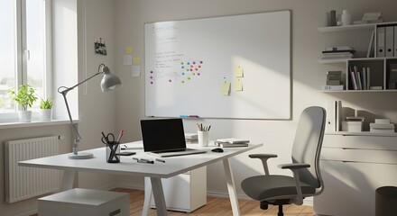 A bright and modern home office with a laptop on a white desk, an ergonomic chair, and a large whiteboard.