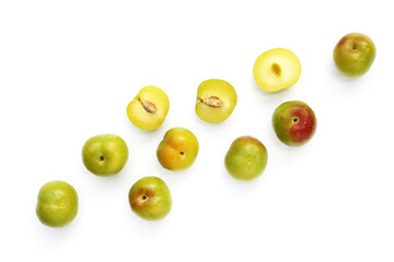 Fresh green plum fruit on white background.