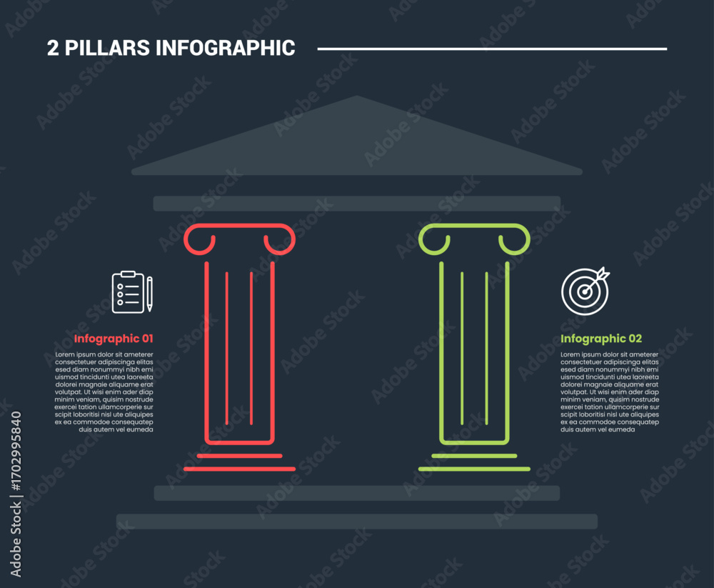 Poster 2 pillars infographic process diagram with ancient pillar style building with dark background bright