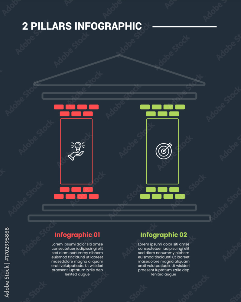 Poster 2 pillars infographic process diagram with brick structure pillar combination with dark background b