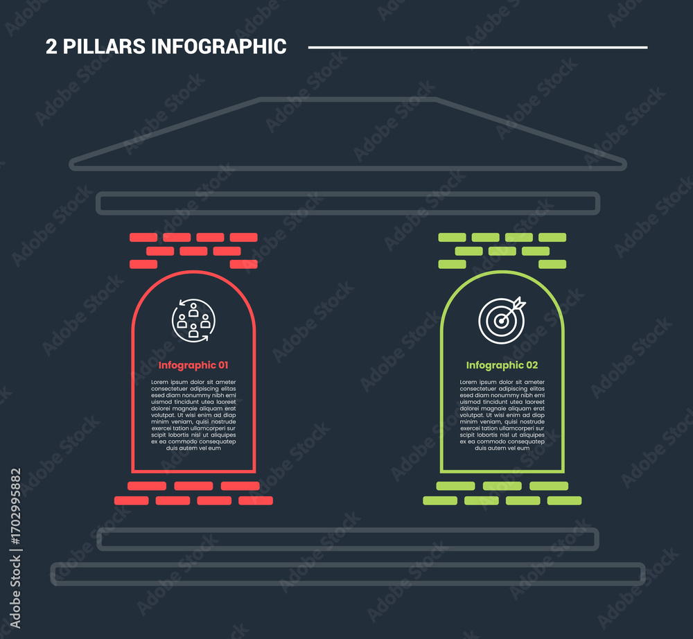 Poster 2 pillars infographic process diagram with brick structure pillar and round edge top with dark backg