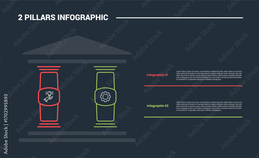 Poster 2 pillars infographic process diagram with simple pillar with stacked list information on long line 