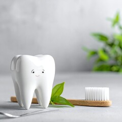 Cute tooth, toothbrush, and leaves