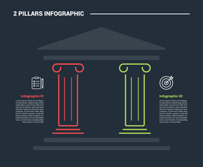 2 pillars infographic process diagram with ancient pillar style building with dark background bright outline style 2 points