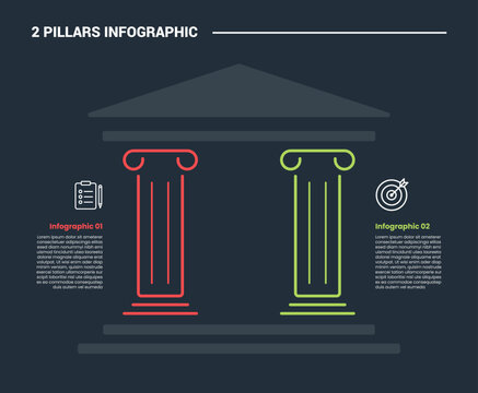 2 pillars infographic process diagram with ancient pillar style building with dark background bright outline style 2 points