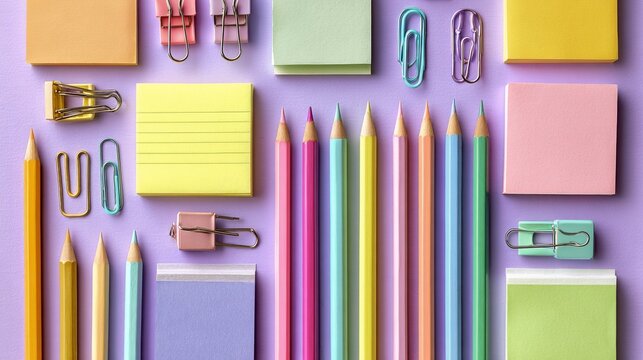 Bright collection of stationery items with pens pencils notebooks sticky notes and erasers arranged in neat grid on pastel background representing education study and academic preparation