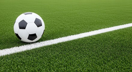 Fototapeta premium Green Soccer Field with White Line and Ball