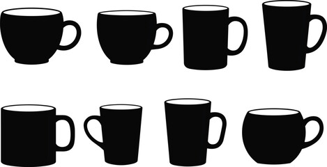 Black Coffee and Tea Mug Vector Icon Set &ndash; Minimal Silhouette Collection of Various Cup Shapes for Caf&eacute; Branding and Design