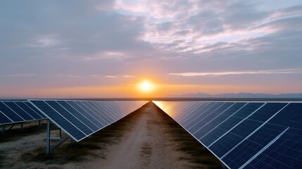 Expansive Solar Panel Field Under Sunset Sky with Blue Solar Panels and Calm Water Reflection