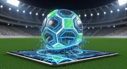 Digital soccer ball hovers above tablet on green field inside stadium with bright overhead lighting - Powered by Adobe