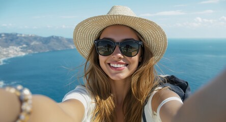 Smiling woman taking selfie at scenic ocean viewpoint