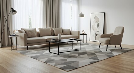 Modern living room interior with a large beige sofa, armchair, geometric rug, and minimalist artwork.