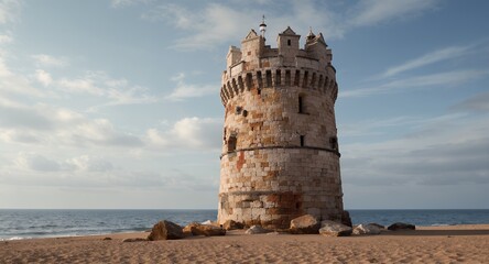 Stone Tower on Sandy Beach Under Cloudy Sky