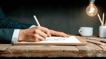 Creative Workspace with Hand Making Sketch on Paper in Dimly Lit Room with Cup and Light Bulb