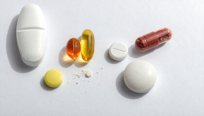 Assorted pills and capsules on white background