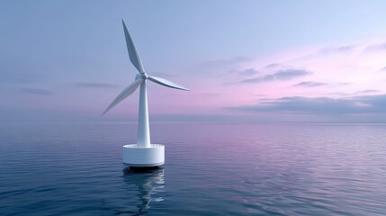 Serene Wind Turbine in Calm Water at Dusk with Pink and Blue Sky Reflections Over Ocean Surface