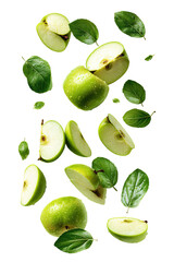 Green apple slices and leaves in mid-air, suggestive of freshness and healthy eating