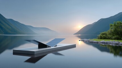 Modern solar-powered floating platform on a tranquil lake with mountains and a serene sunrise in the background