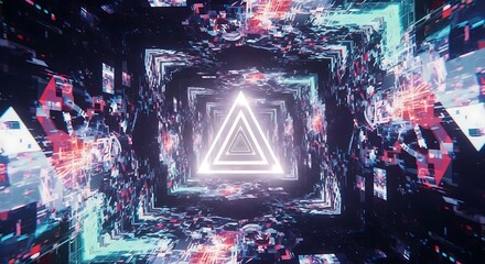 Abstract Neon Triangle Tunnel Digital Art.