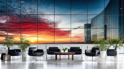 Modern office interior with elegant design and stunning sunset views through large glass windows