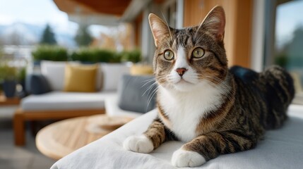 Graceful Tabby Cat Relaxing on a Sunlit Outdoor Sofa with Cozy Pillows and Scenic Background