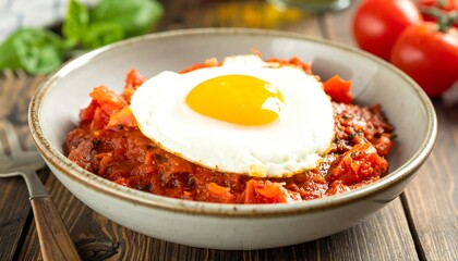 Fried egg atop tomato sauce