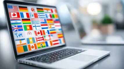 Digital Flags: A laptop displays a mosaic of national flags, signifying the interconnected world and digital communication across borders. - Powered by Adobe