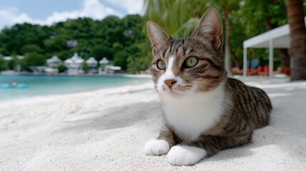 Cat Relaxing on Tropical Beach with Clear Water and Lush Greenery in Background Under a Bright Blue Sky